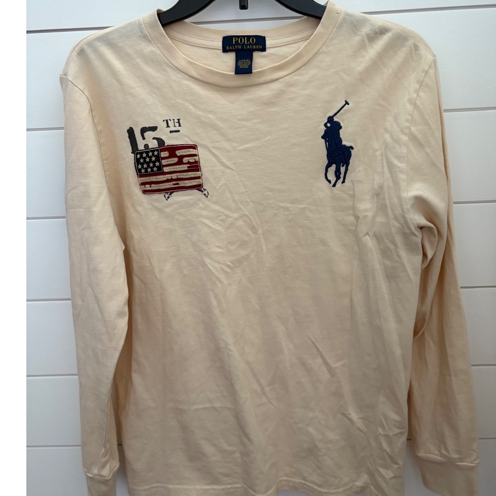 Polo Ralph Lauren Boy's‎ Long Sleeve Shirt Cream US Flag Patchwork L